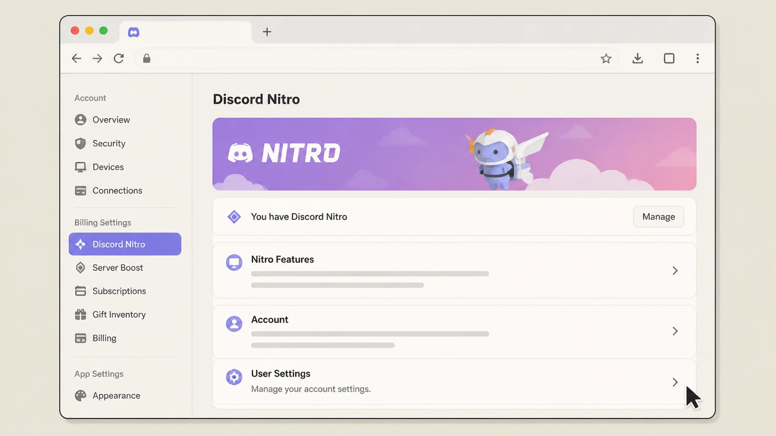 Discord Nitro web cancellation: Open User Settings