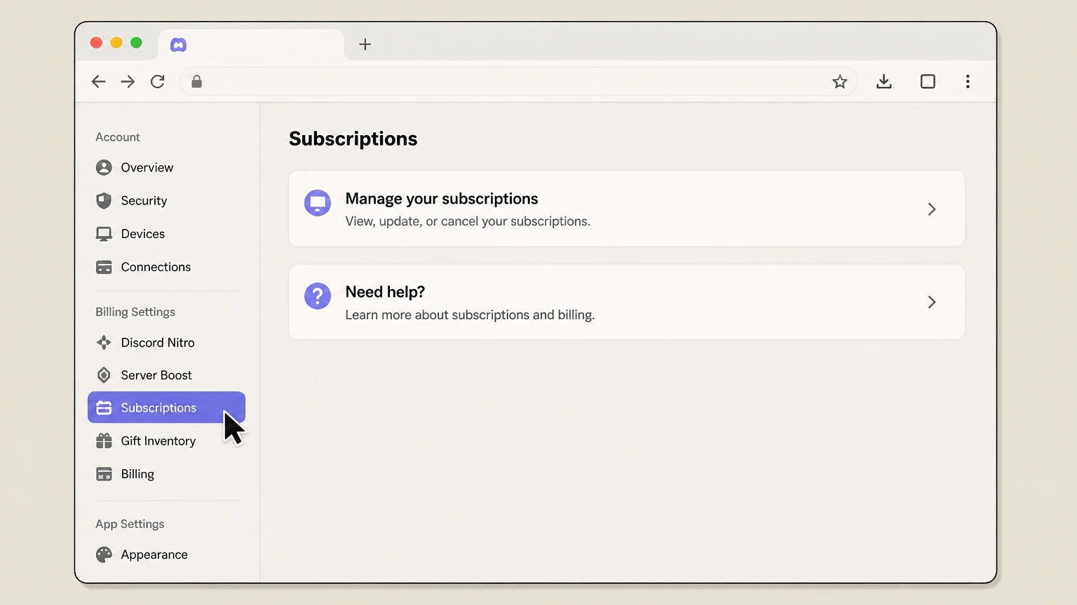 Discord Nitro web cancellation: Open Subscriptions