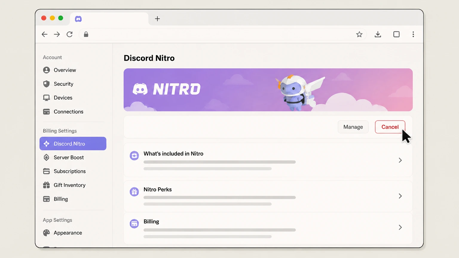 Discord Nitro web cancellation: Choose Cancel on the Nitro banner