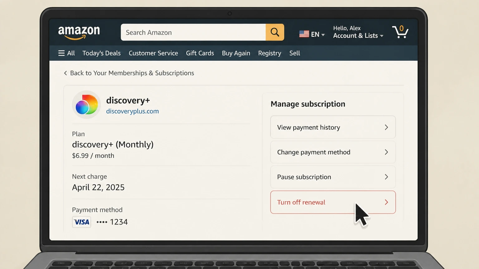 discovery+ amazon cancellation: Turn off renewal