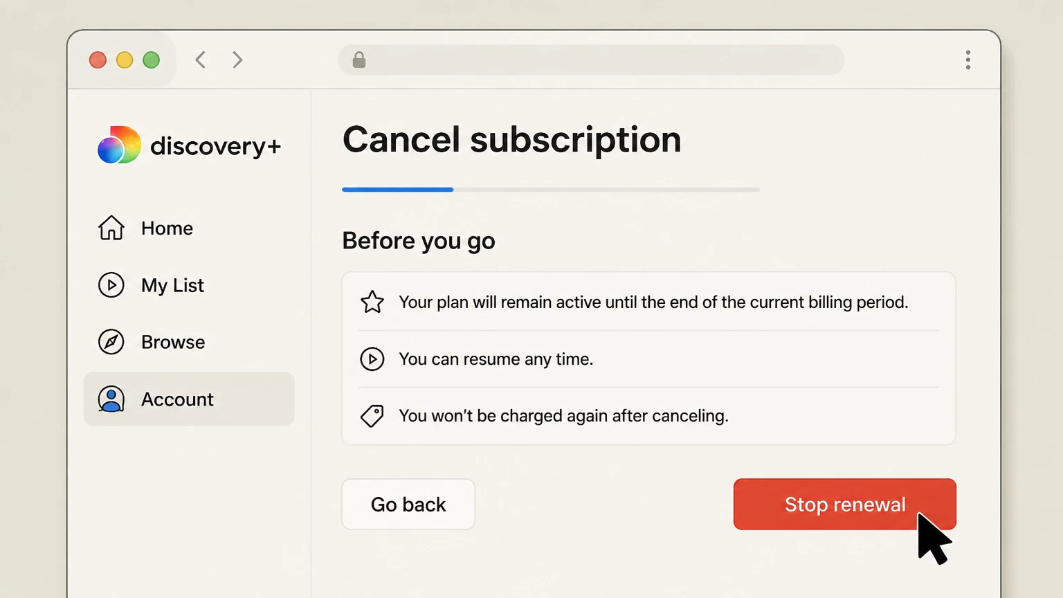 discovery+ billing-partner cancellation: Stop renewal