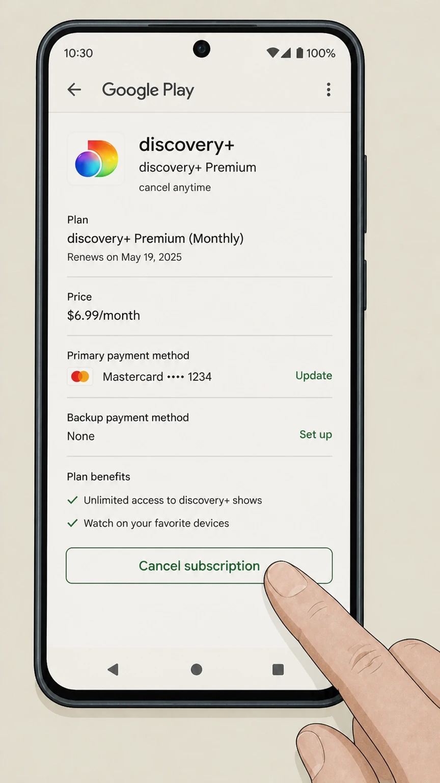 discovery+ google-play cancellation: Tap Cancel subscription