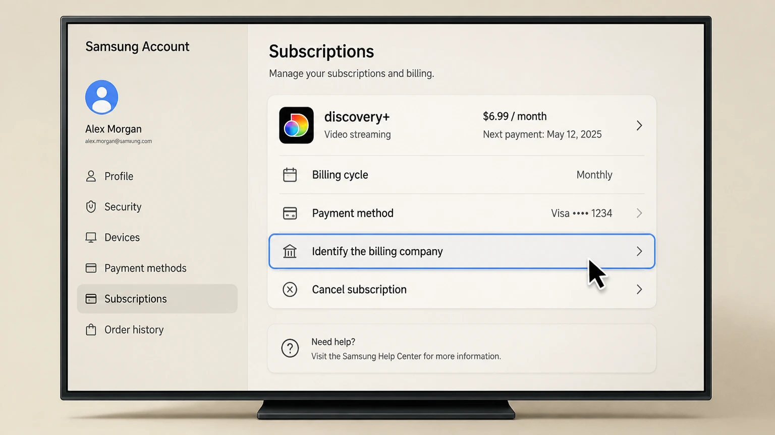discovery+ samsung-tv cancellation: Identify the billing company