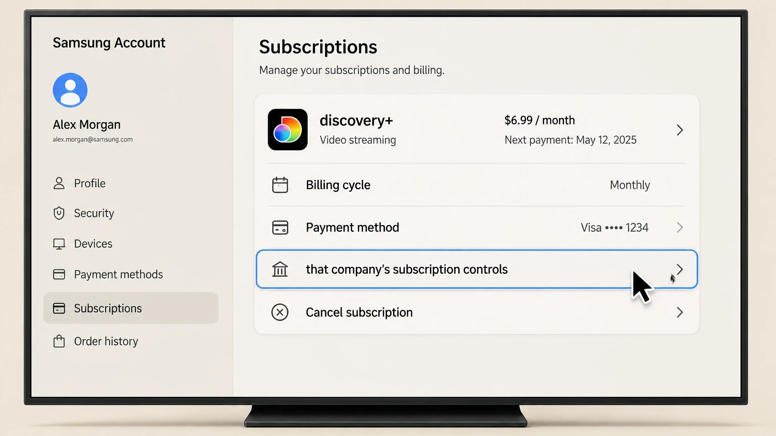 discovery+ samsung-tv cancellation: Open that company’s subscription controls