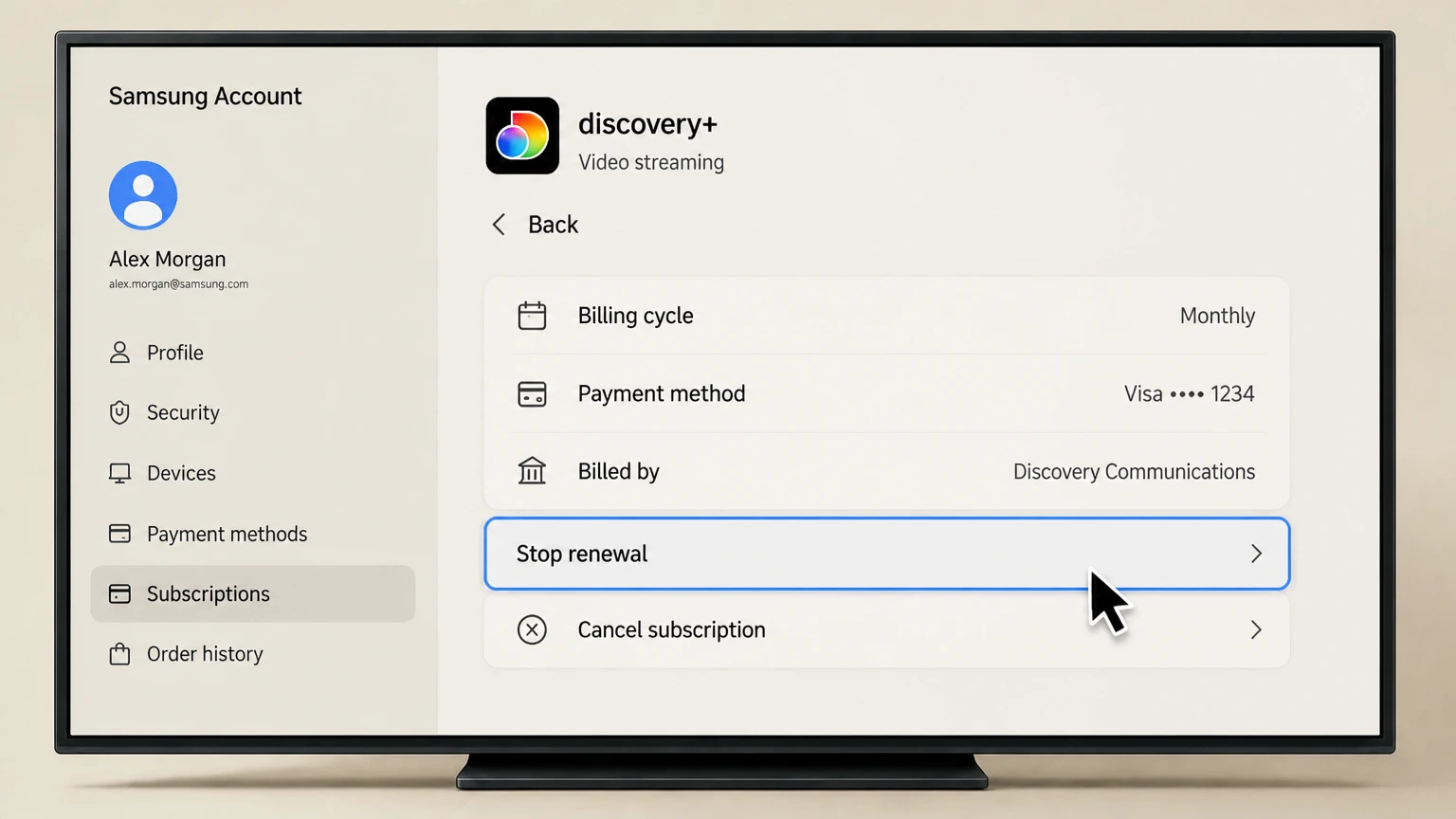 discovery+ samsung-tv cancellation: Stop renewal