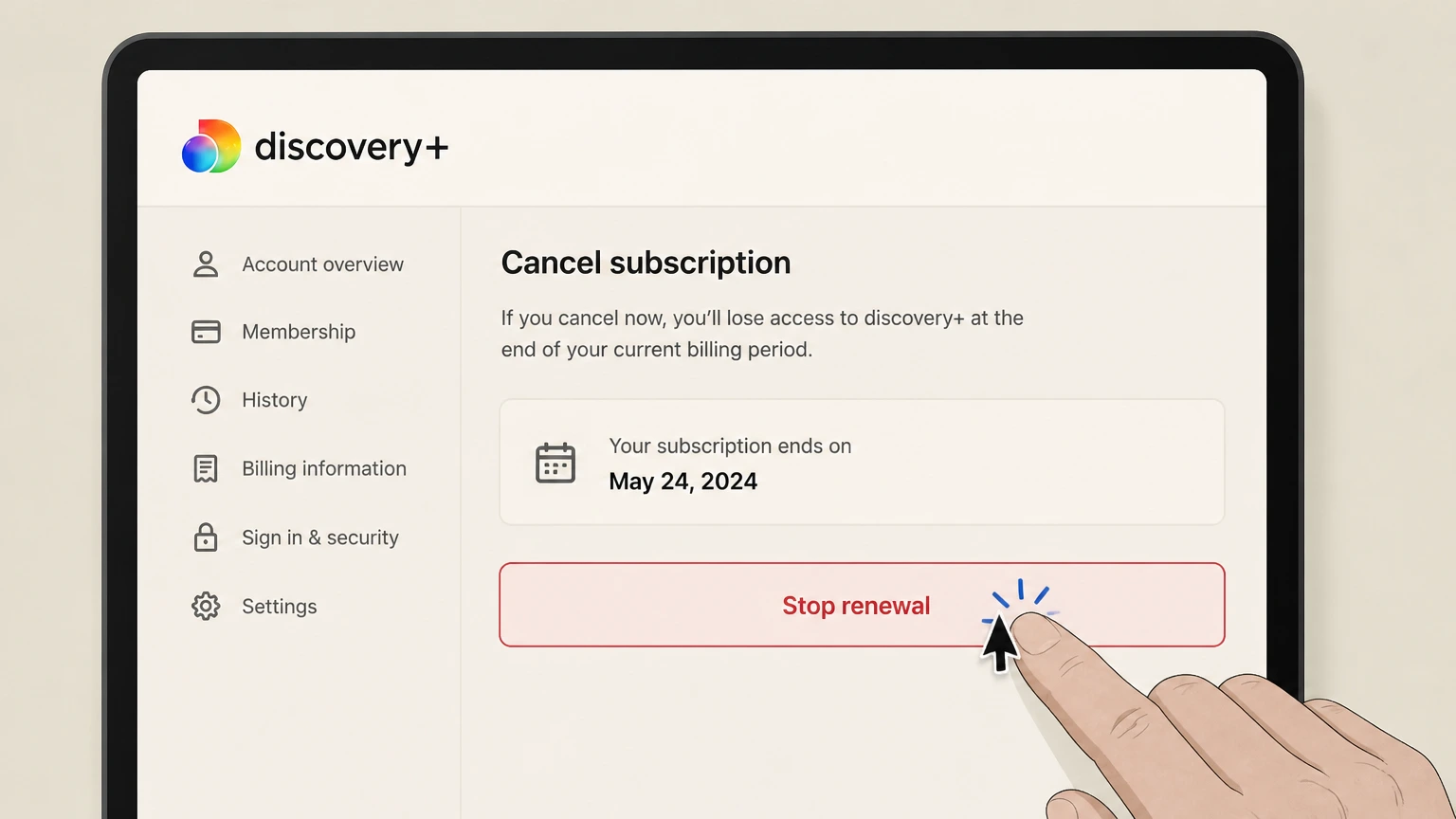 discovery+ tv-provider cancellation: Stop renewal