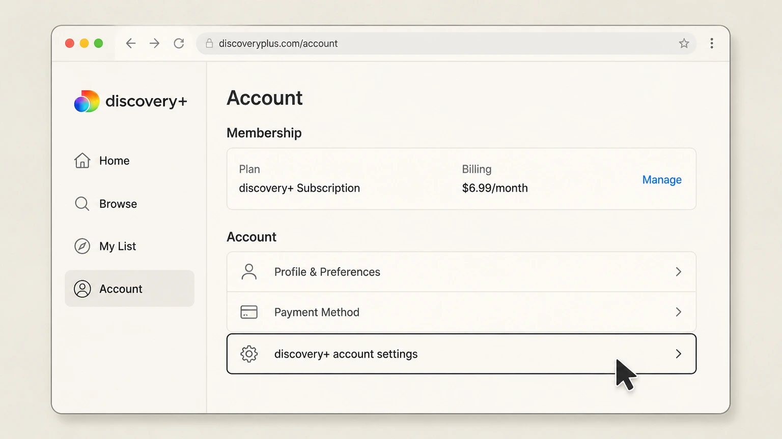 discovery+ web cancellation: Open discovery+ account settings