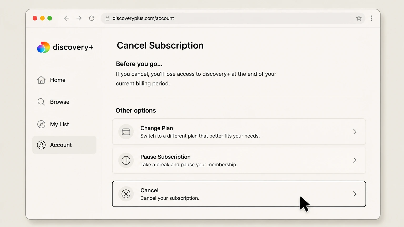 discovery+ web cancellation: Choose Cancel