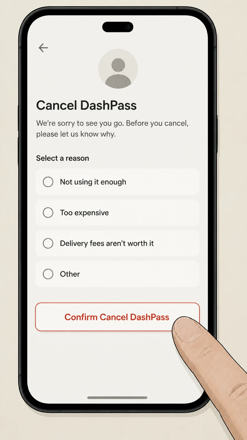 DashPass mobile-app cancellation: Select a reason and confirm Cancel DashPass