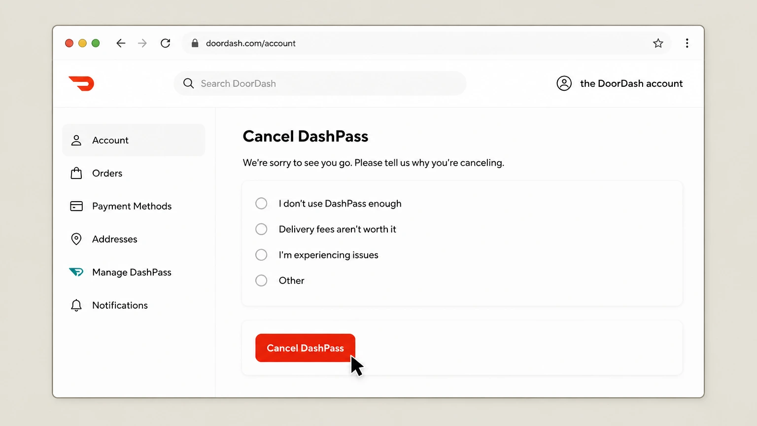 DashPass web cancellation: Select a reason and confirm Cancel DashPass