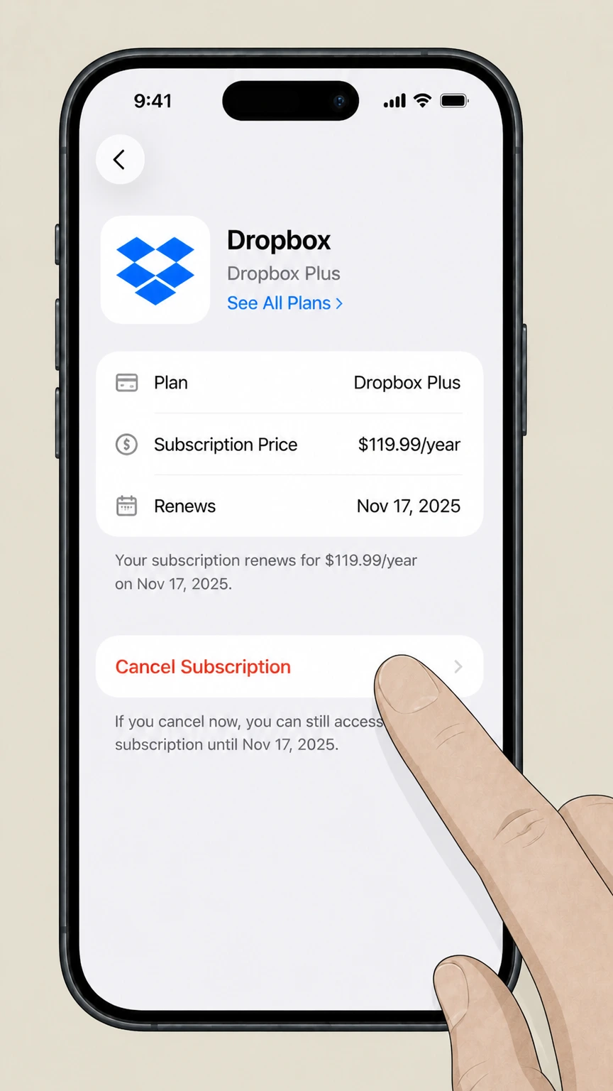 Dropbox app-store cancellation: Tap Cancel Subscription