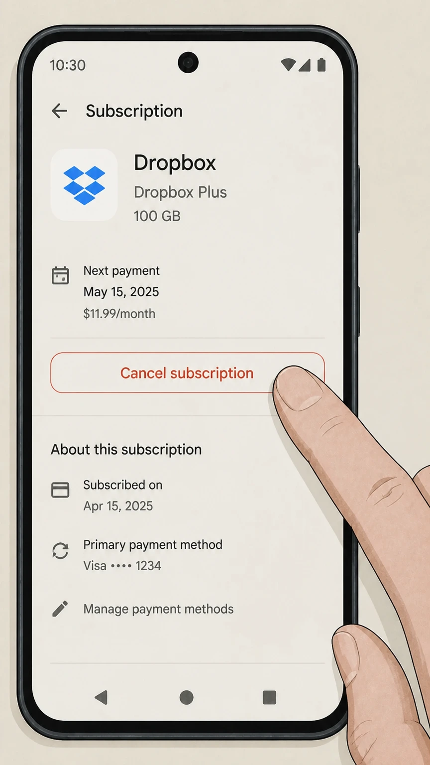 Dropbox google-play cancellation: Choose Cancel subscription