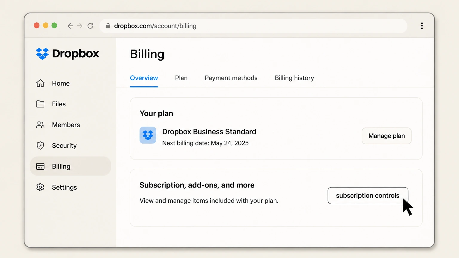 Dropbox organization cancellation: Find subscription controls