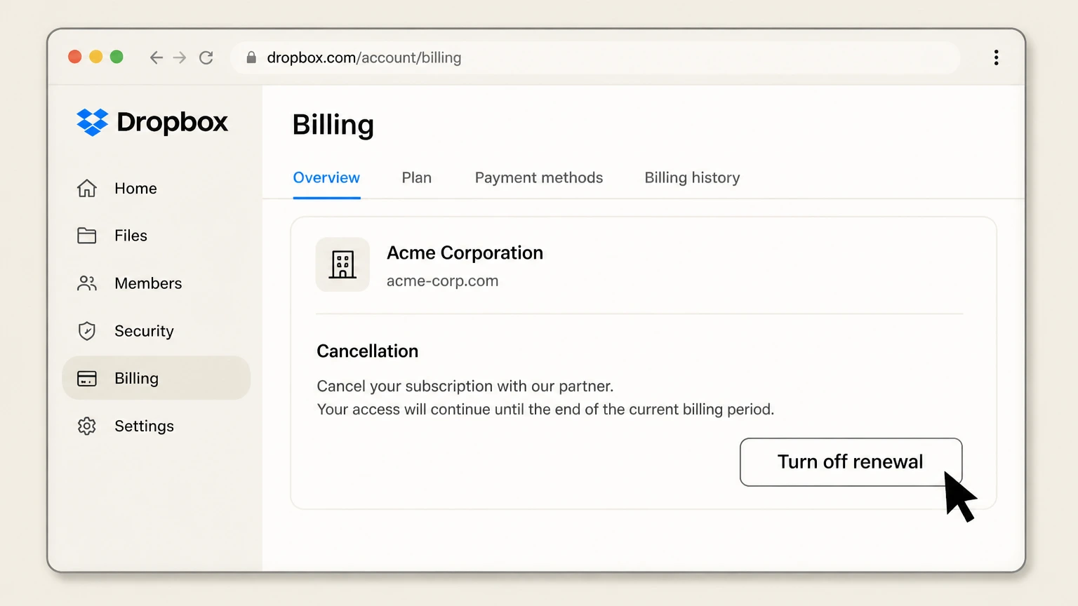 Dropbox organization cancellation: Turn off renewal