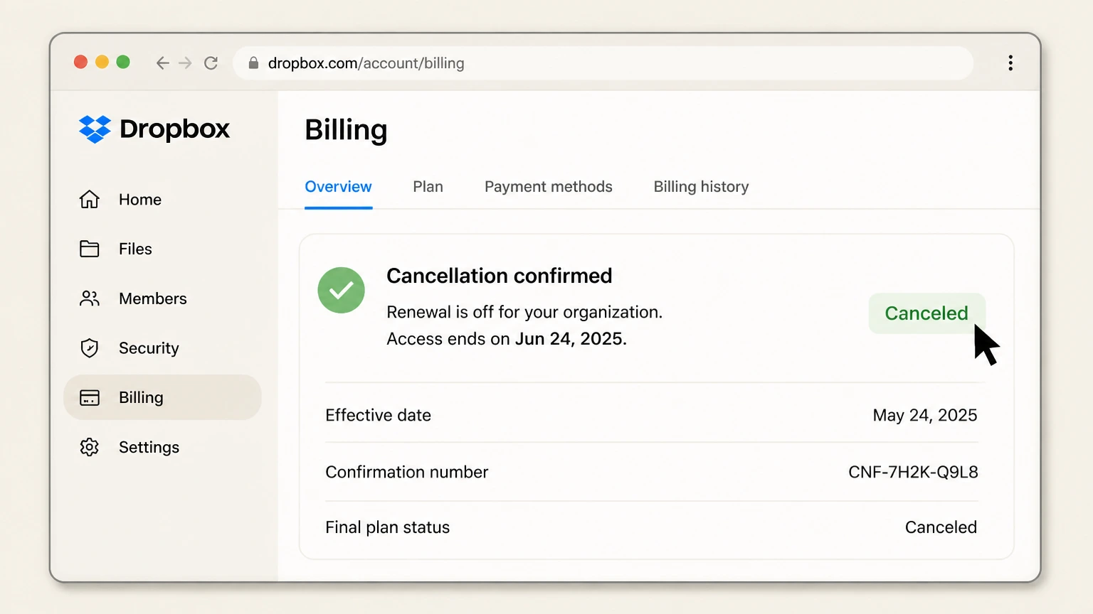 Dropbox organization cancellation: Keep partner confirmation