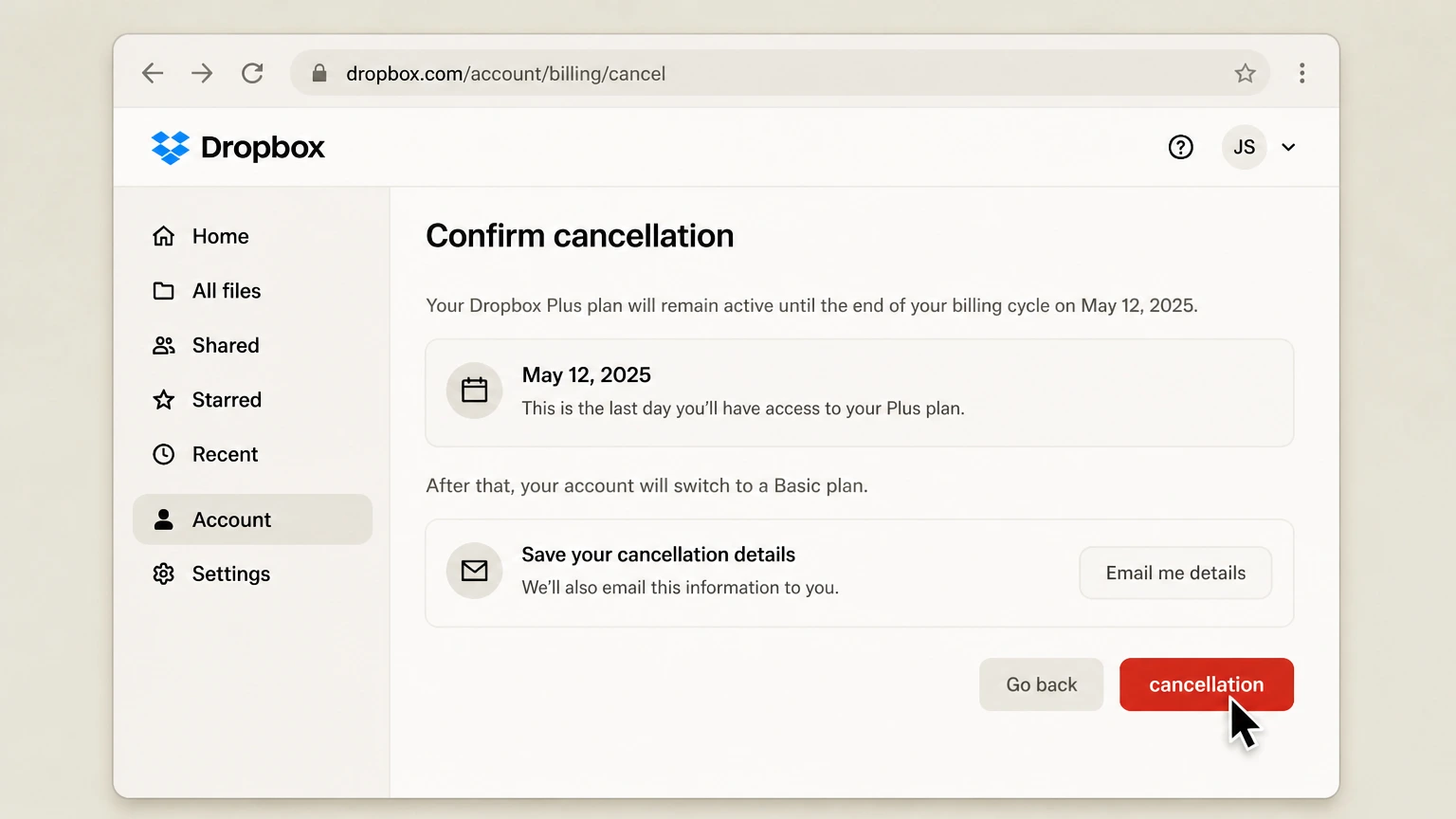 Dropbox web cancellation: Confirm cancellation