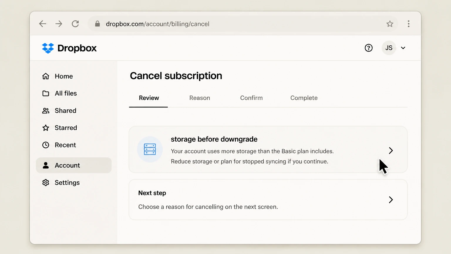 Dropbox web cancellation: Review storage before downgrade