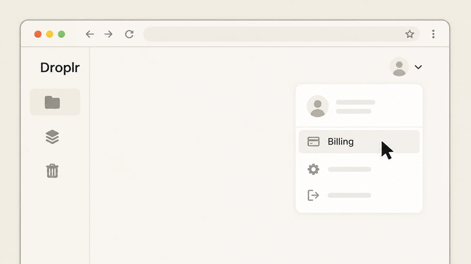 Editorial illustration for Open the account menu and choose “Billing” in the Web (Droplr account Billing page) cancellation route for Droplr