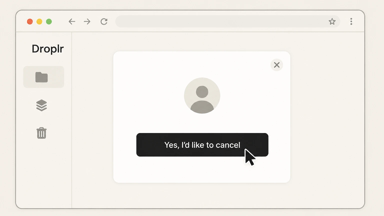 Editorial illustration for Scroll down and click “Cancel Subscription”, then Confirm cancellation in the pop-up in the Web (Droplr account Billing page) cancellation route for Droplr