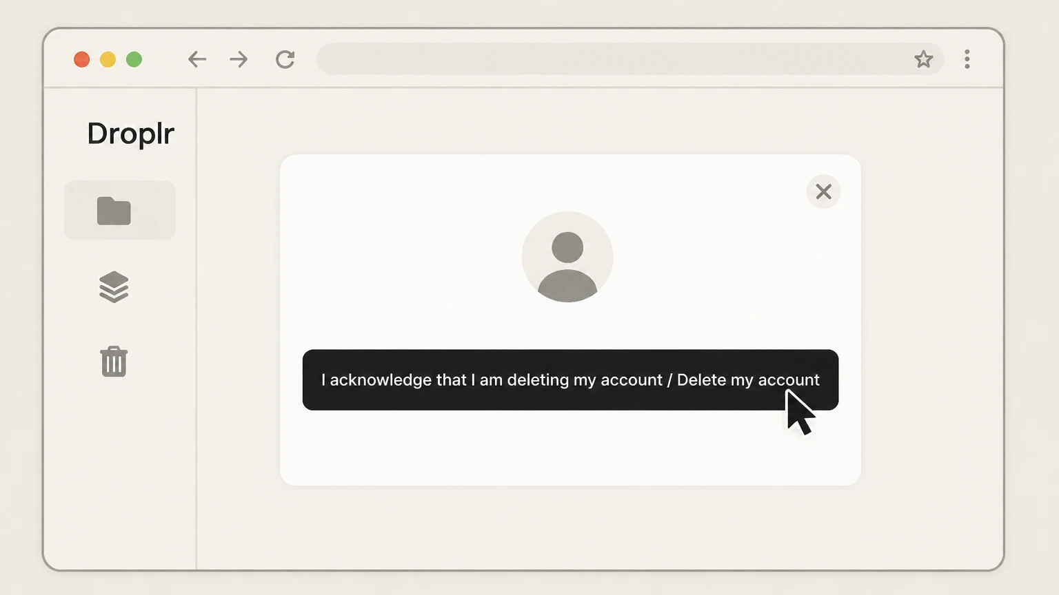 Editorial illustration for Complete the prompts and confirm account deletion in the Web (Droplr account Billing page) cancellation route for Droplr