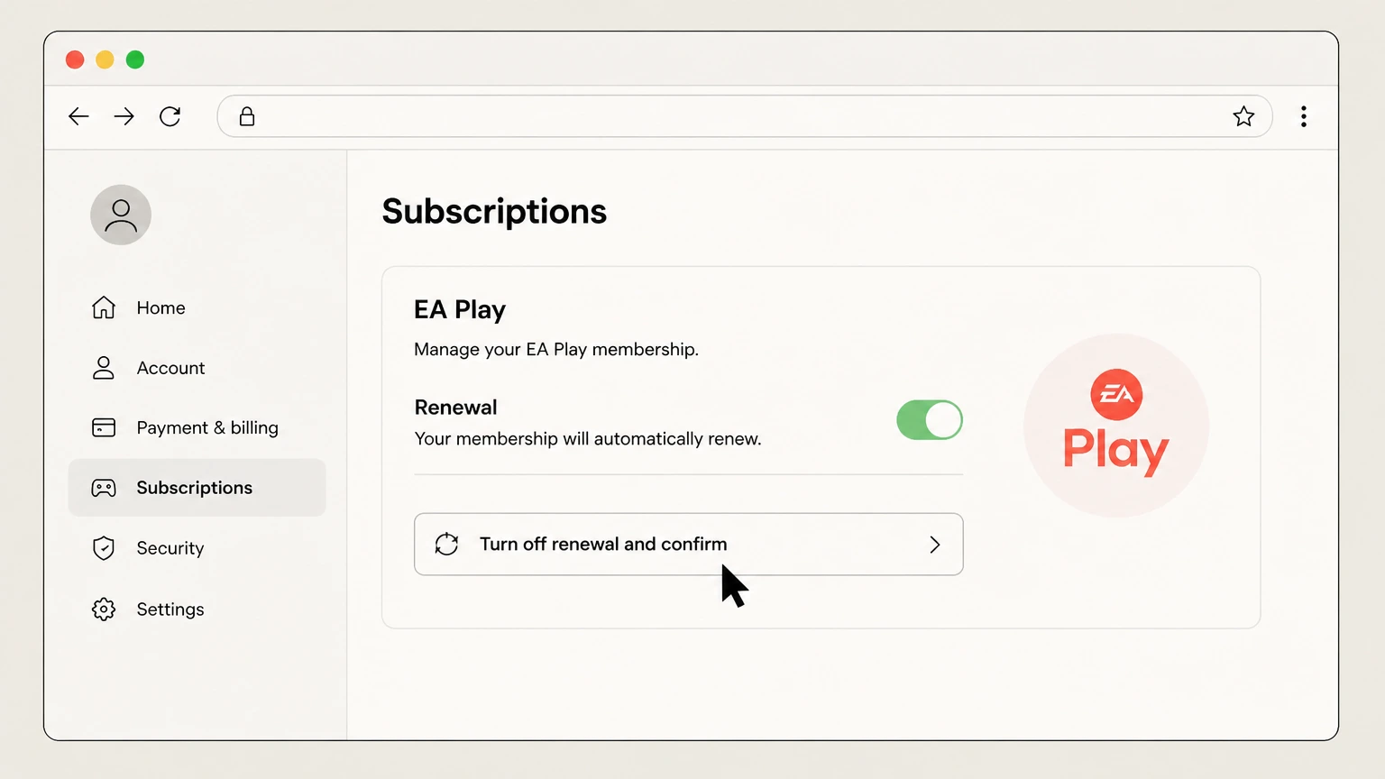 EA Play web cancellation: Turn off renewal and confirm