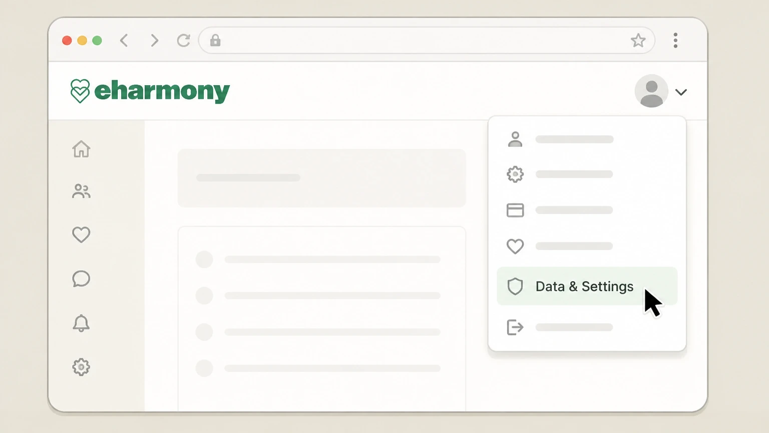 eharmony Website (eharmony bills you directly) cancellation: Open Data & Settings