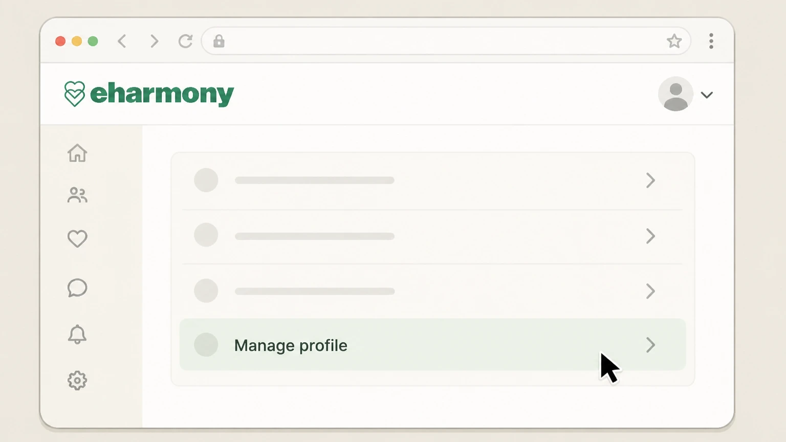 eharmony Website (eharmony bills you directly) cancellation: Go to Manage profile