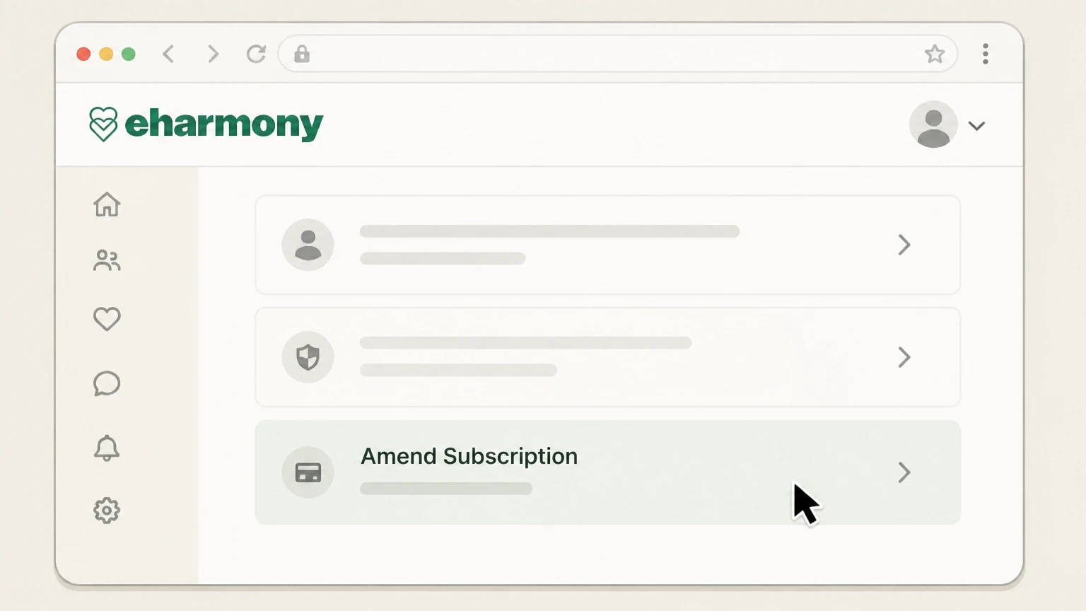 eharmony Website (eharmony bills you directly) cancellation: Select Amend Subscription