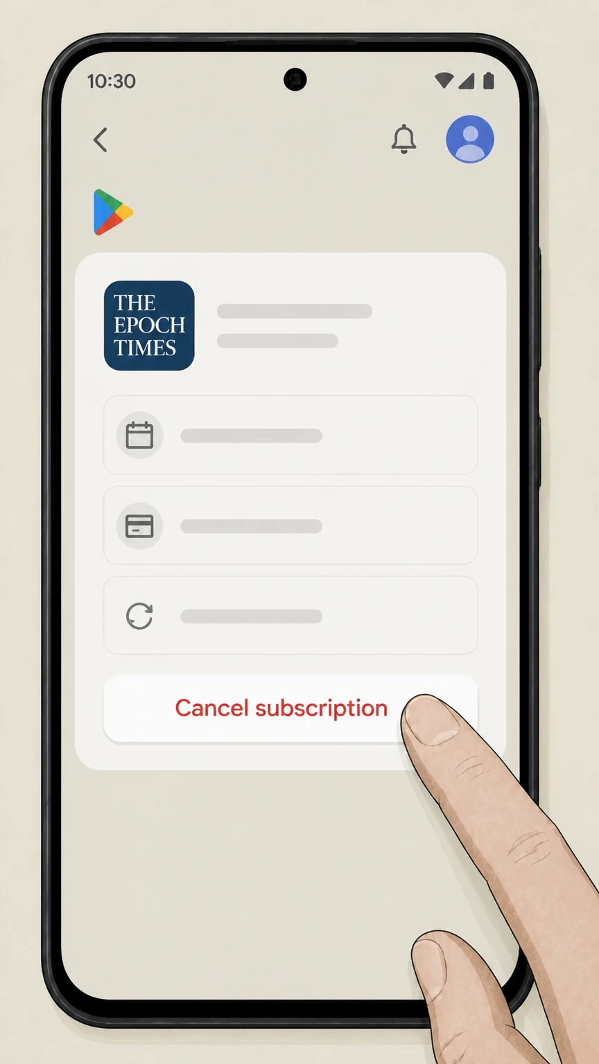 The Epoch Times Google Play (Android in‑app purchase) cancellation: Cancel The Epoch Times subscription