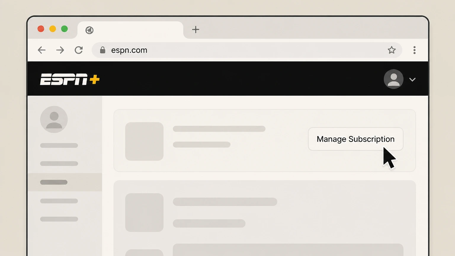 ESPN+ Cancel ESPN+ billed directly by ESPN on the web cancellation: Open Manage Subscription
