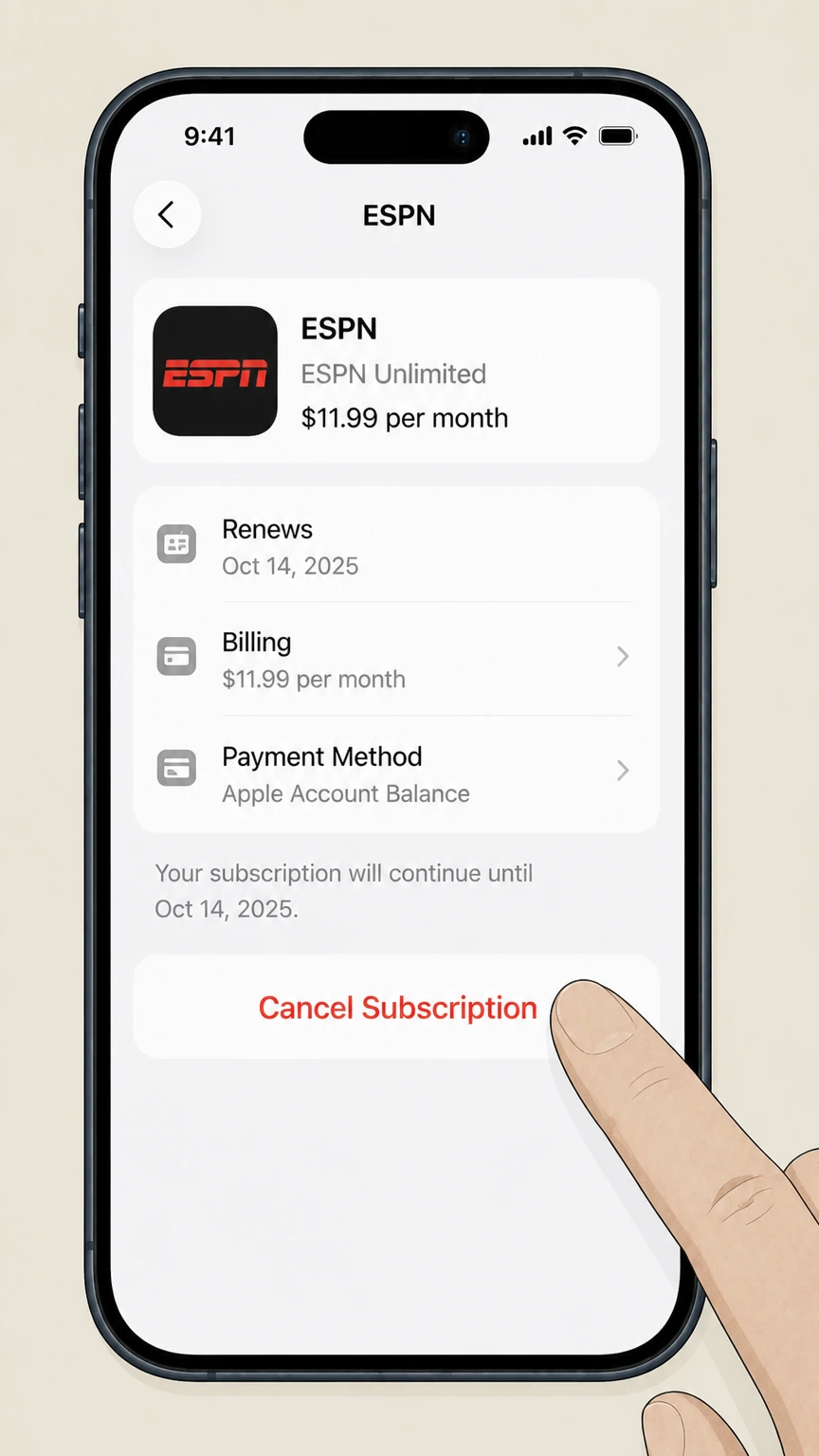 ESPN ios cancellation: Tap Cancel Subscription