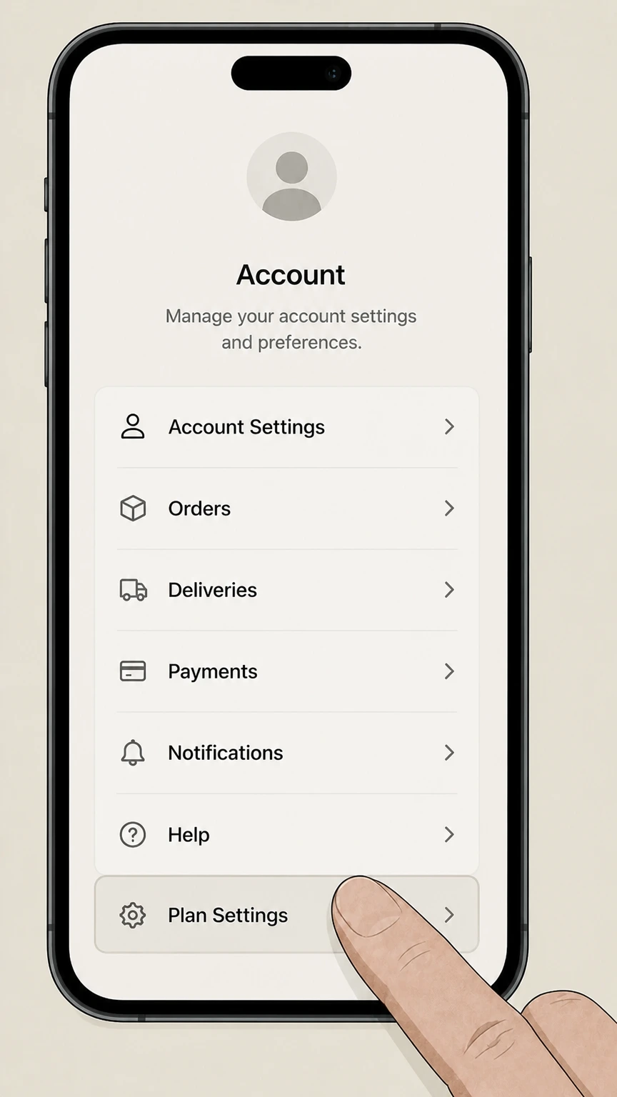 EveryPlate mobile-app cancellation: Open Plan Settings