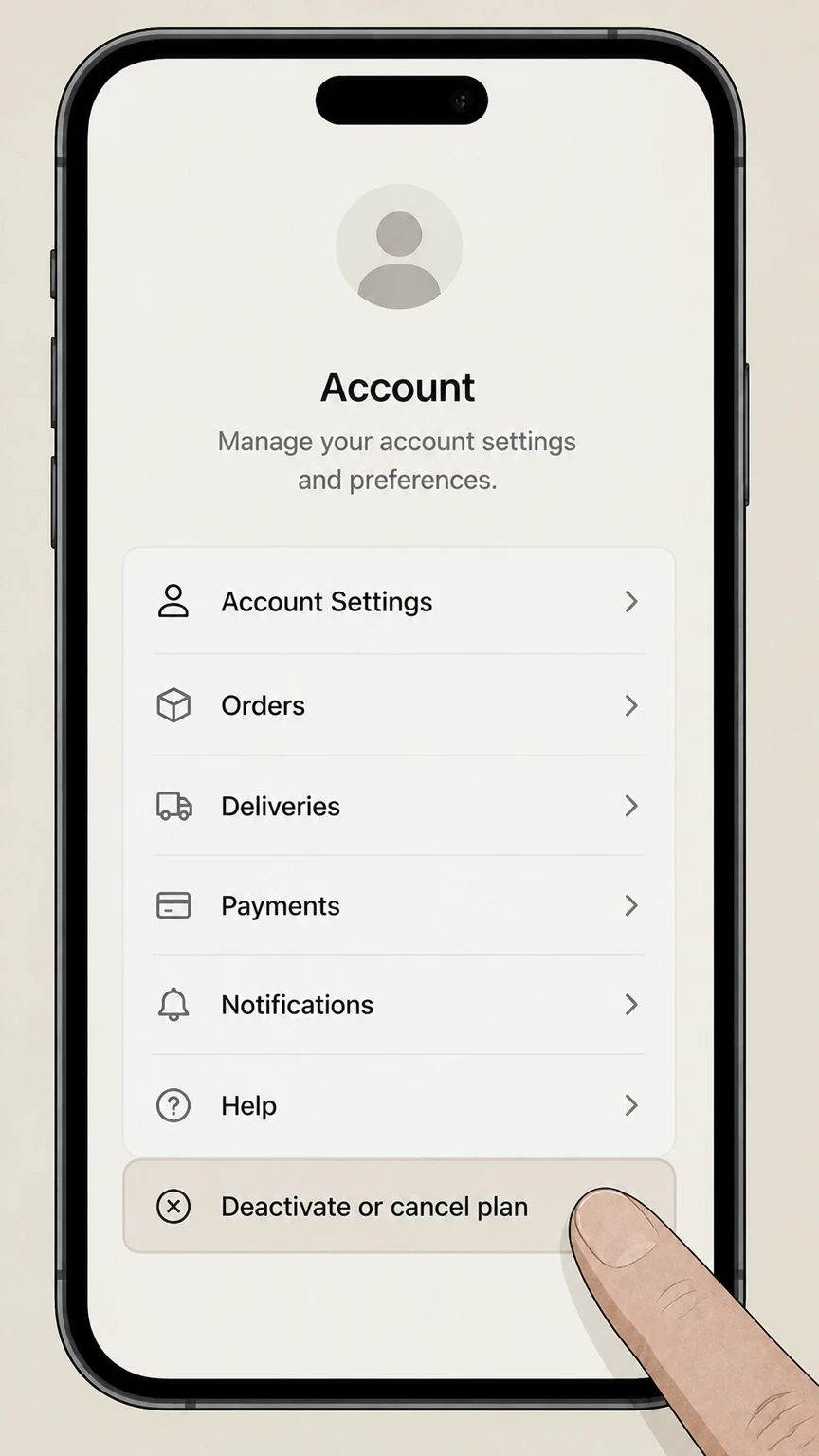 EveryPlate mobile-app cancellation: Choose Deactivate or cancel plan