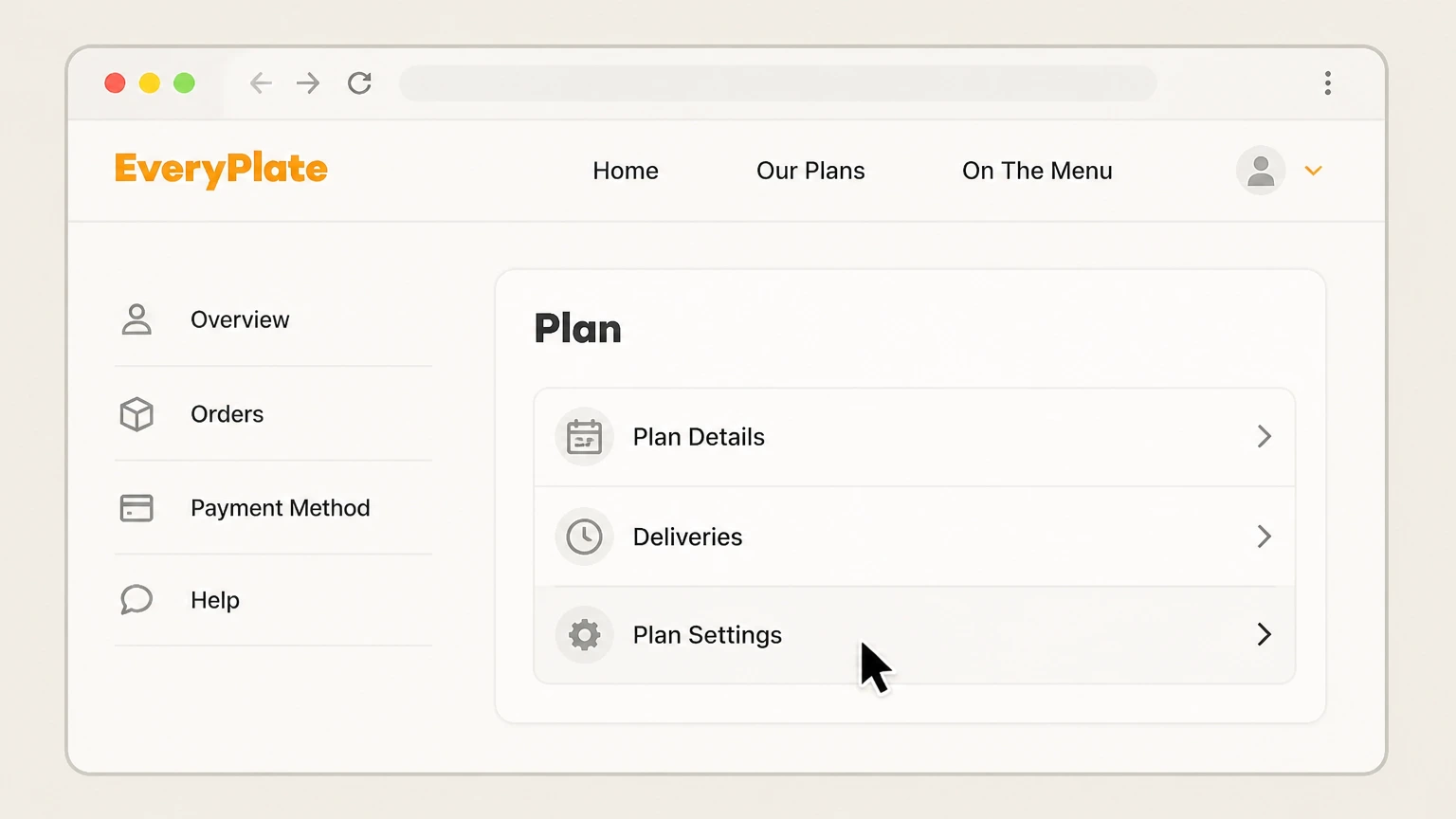 EveryPlate web cancellation: Open Plan Settings