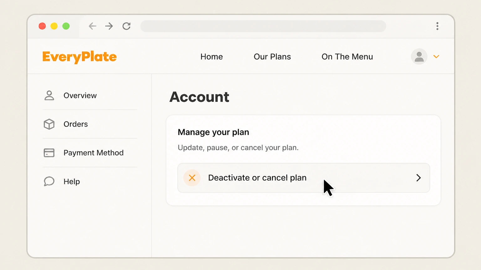 EveryPlate web cancellation: Choose Deactivate or cancel plan