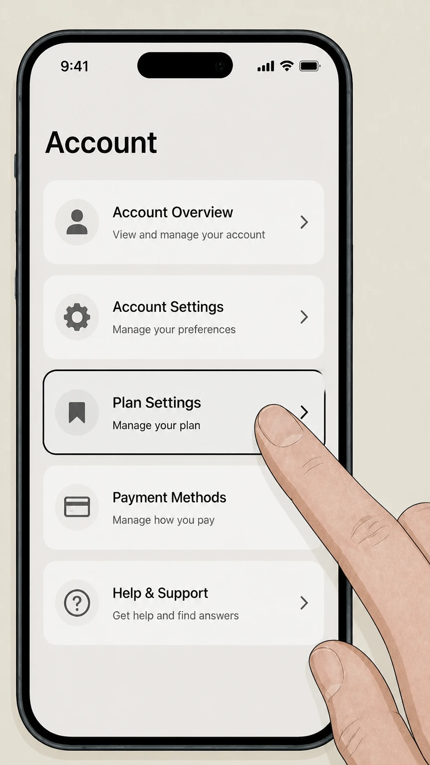 Factor mobile-app cancellation: Open Plan Settings