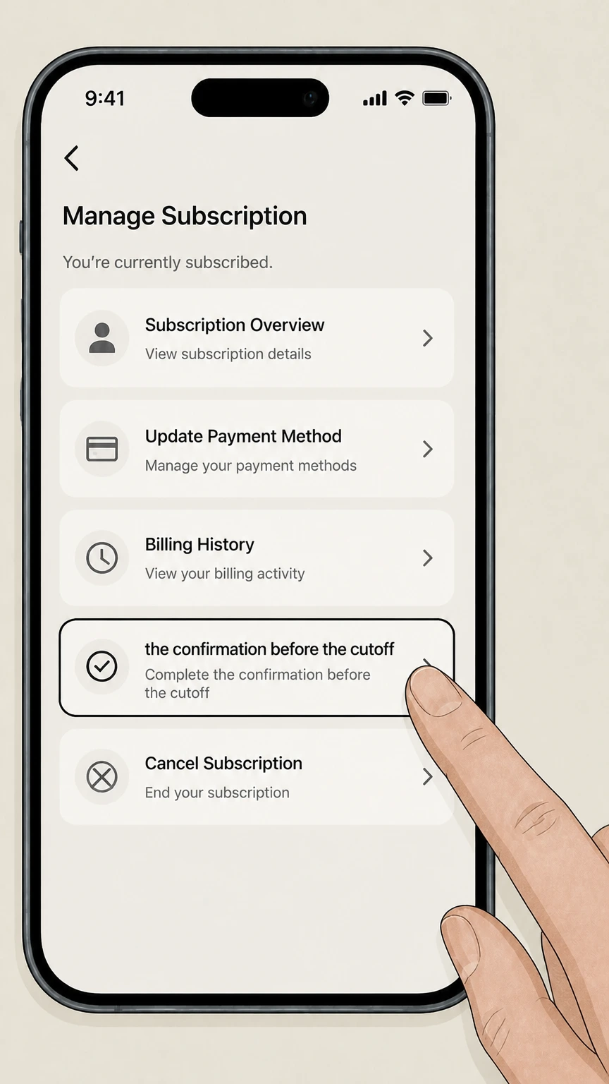 Factor mobile-app cancellation: Complete the confirmation before the cutoff