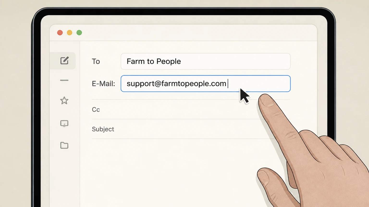 Editorial illustration for Compose an email to Farm to People support in the Email cancellation route for Farm to People