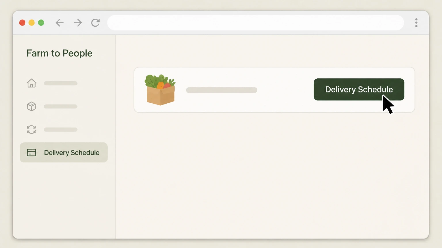 Editorial illustration for Choose the subscription you want to stop, then Select Cancel Subscription for that item, then Confirm future orders are removed from Delivery Schedule in the Website (desktop or mobile browser) cancellation route for Farm to People