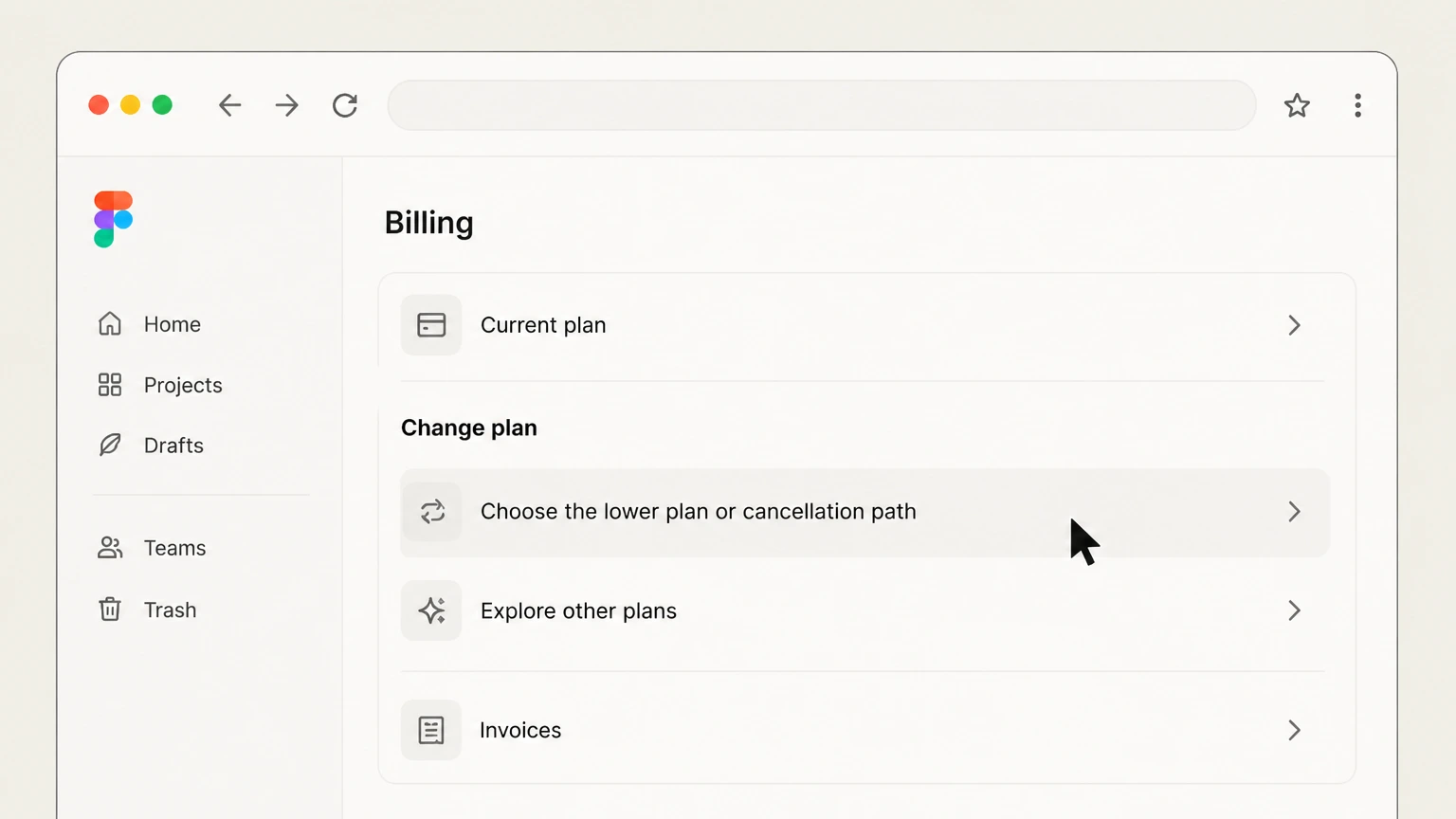 Figma web cancellation: Choose the lower plan or cancellation path