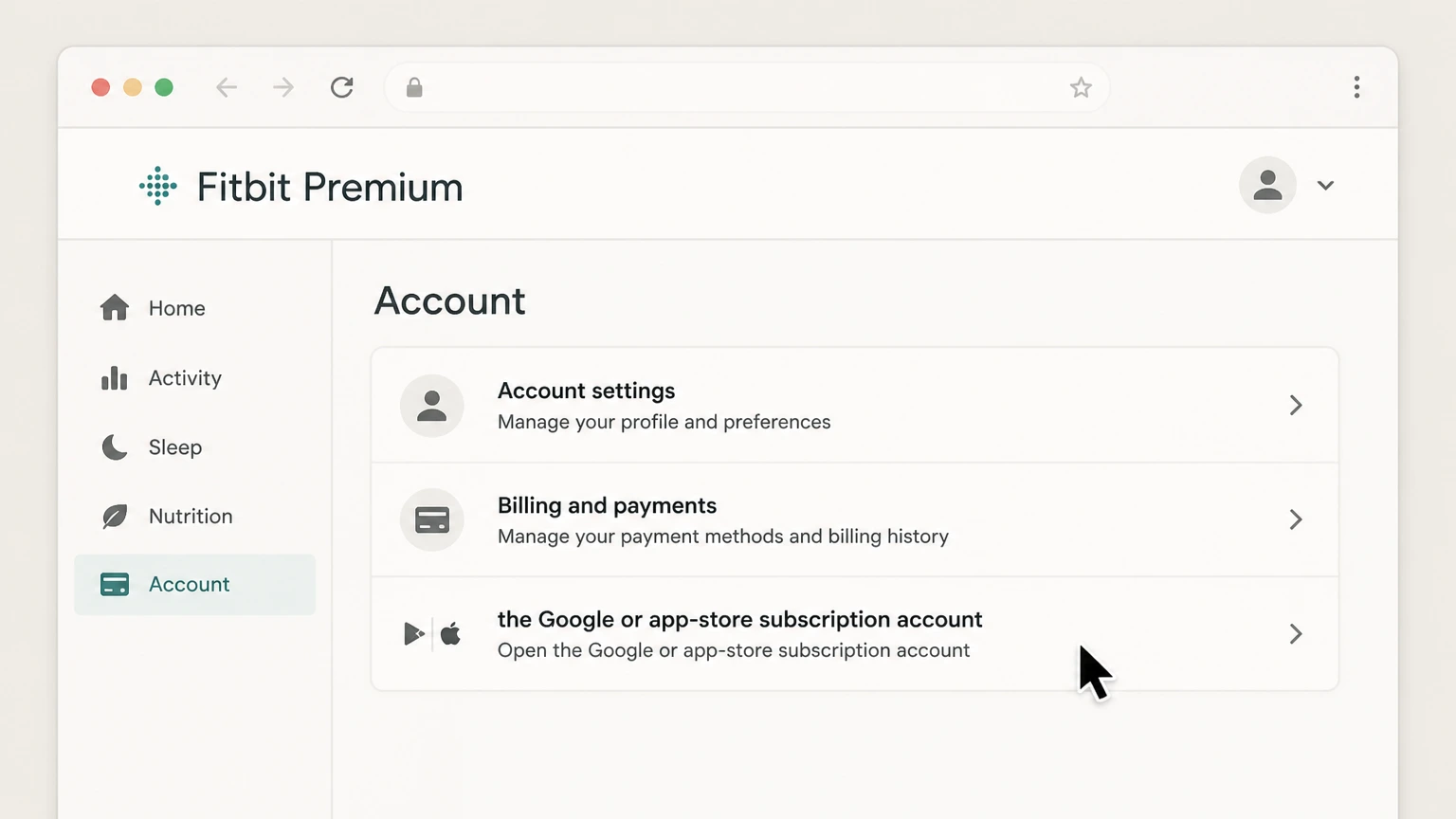 Fitbit Premium web cancellation: Open the Google or app-store subscription account