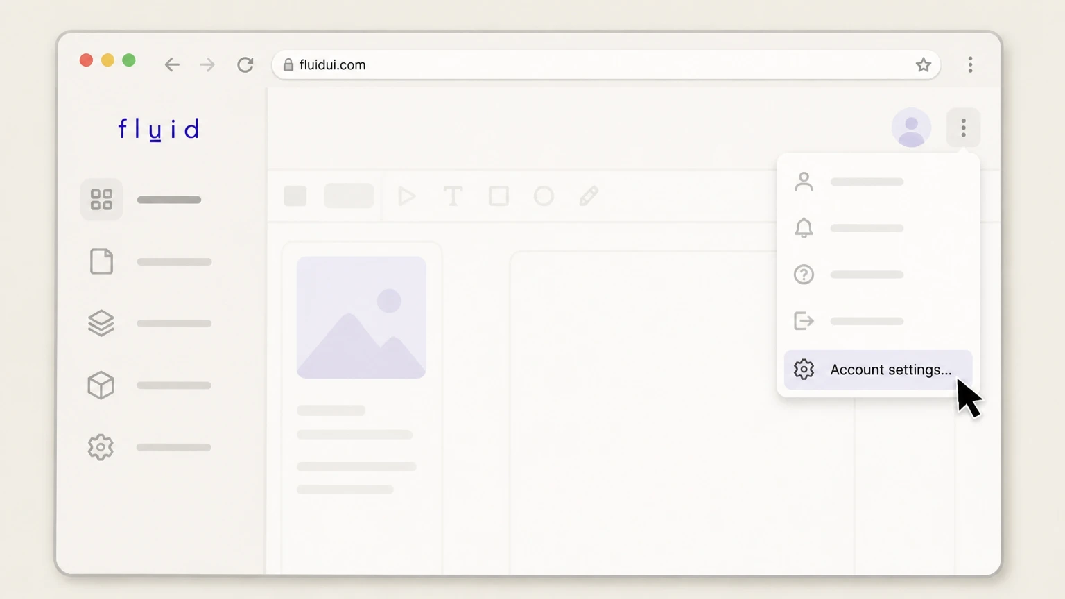 Fluid UI Fluid UI website and editor: Open Account settings from the editor menu