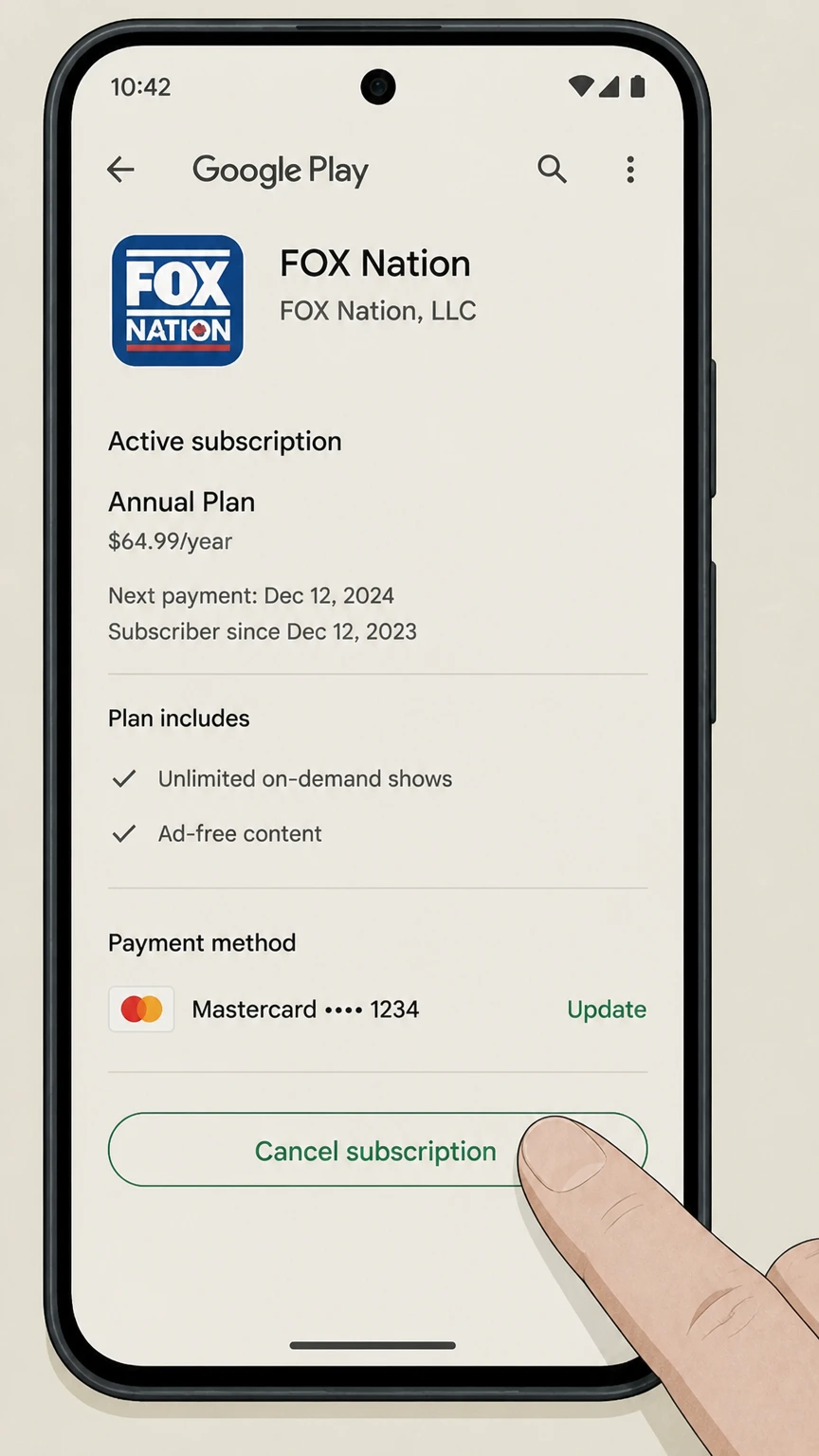 FOX Nation google-play cancellation: Tap Cancel subscription