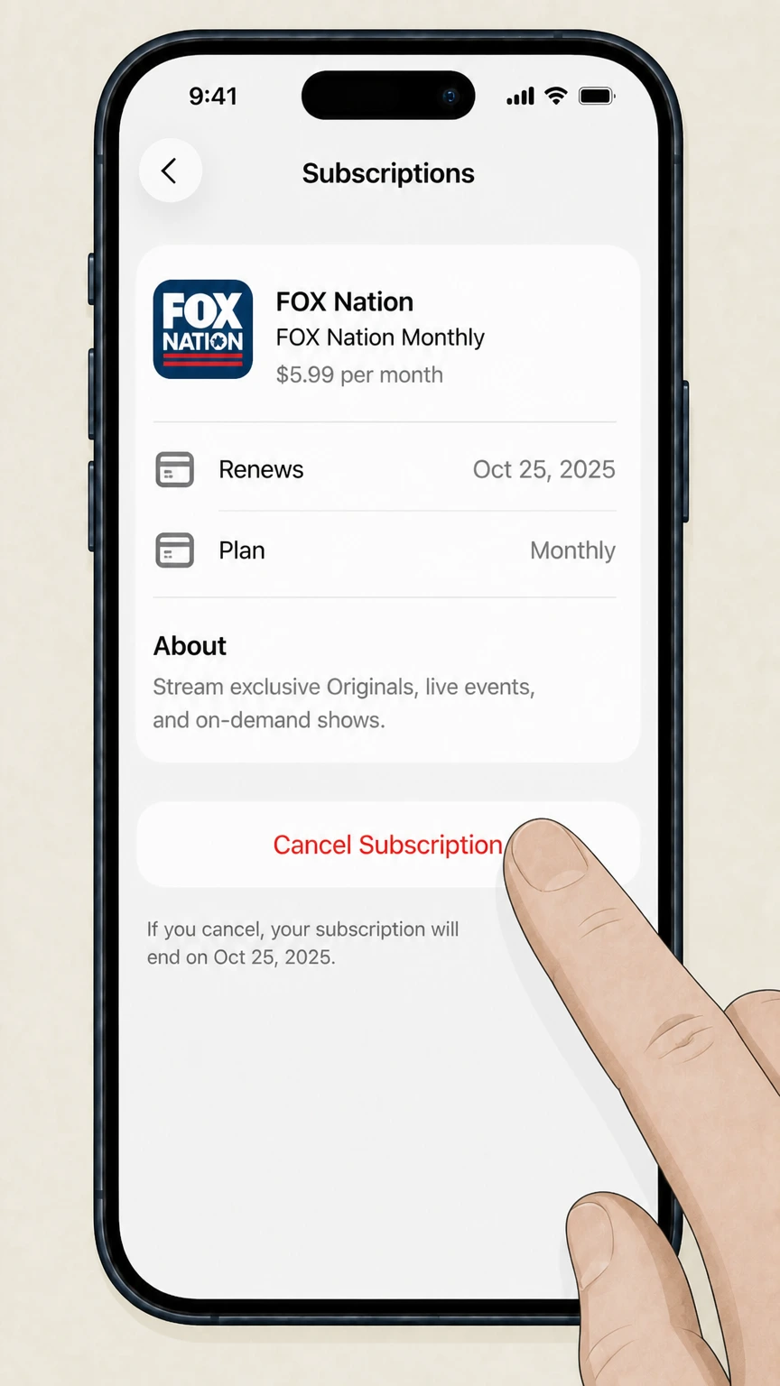 FOX Nation ios cancellation: Tap Cancel Subscription