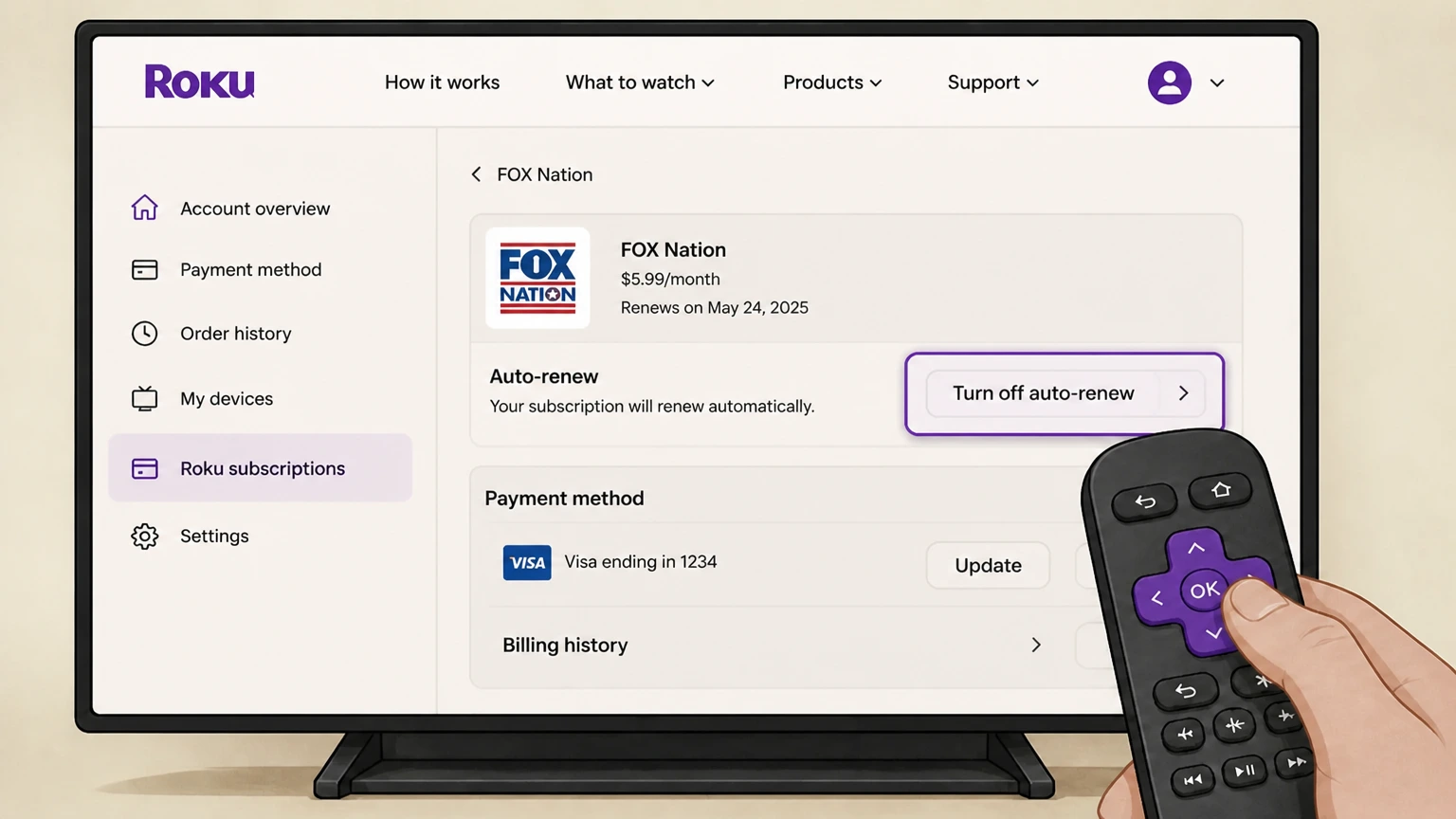 FOX Nation roku cancellation: Turn off auto-renew