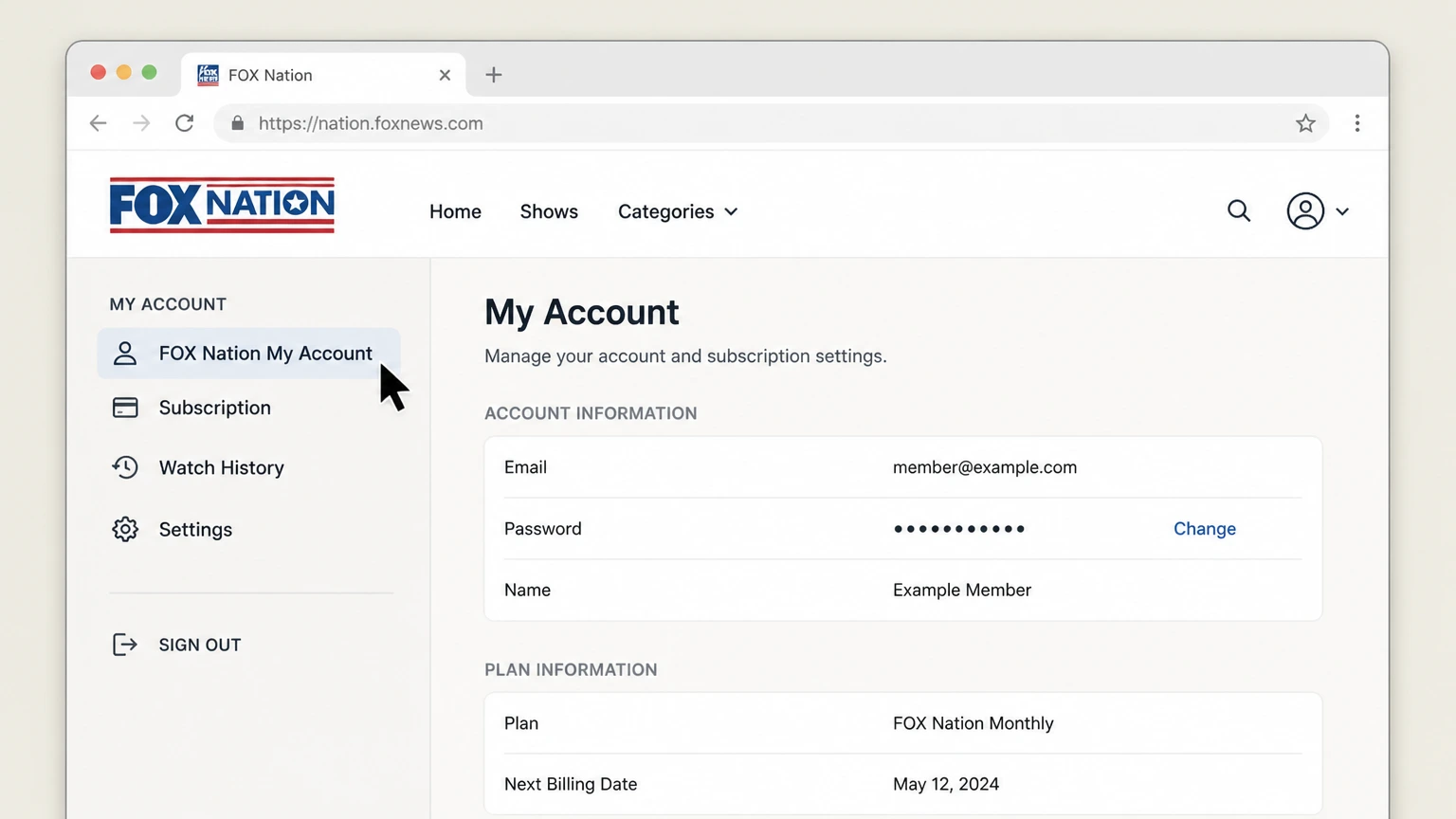 FOX Nation web cancellation: Open FOX Nation My Account