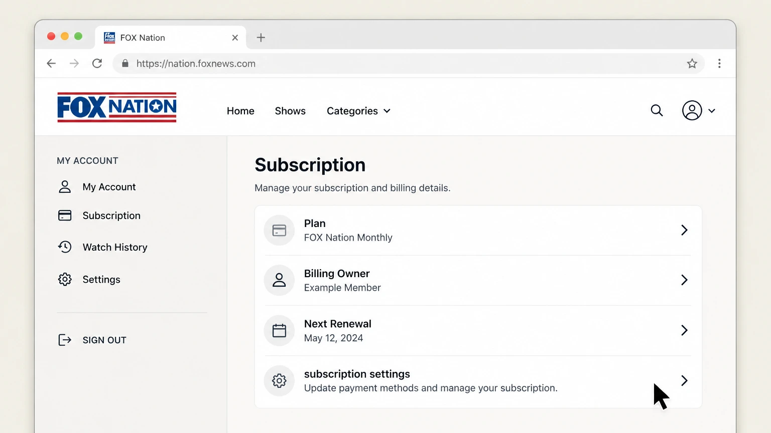 FOX Nation web cancellation: Open subscription settings