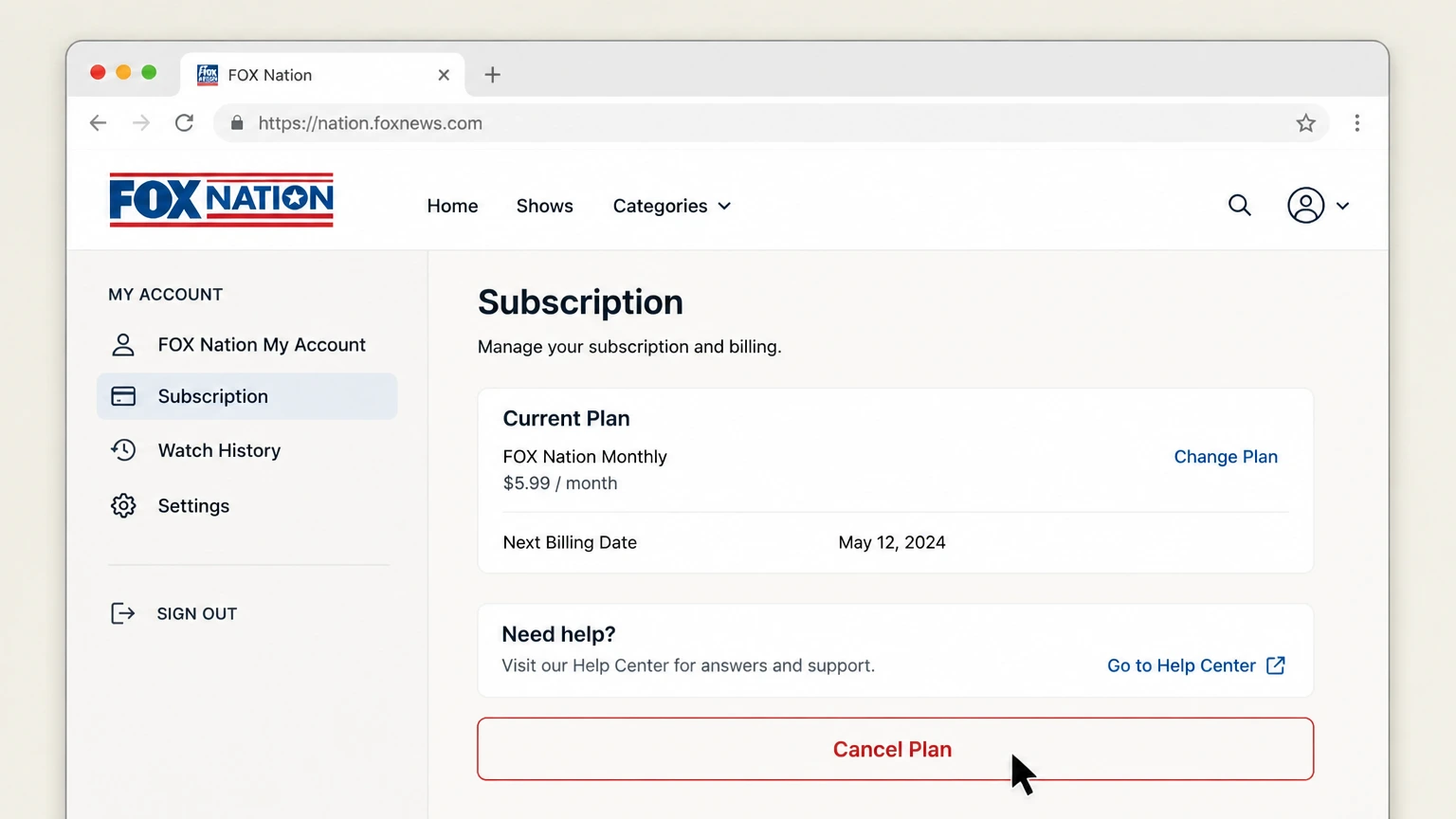 FOX Nation web cancellation: Choose Cancel Plan