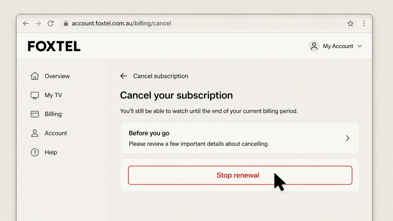 Foxtel billing-partner cancellation: Stop renewal