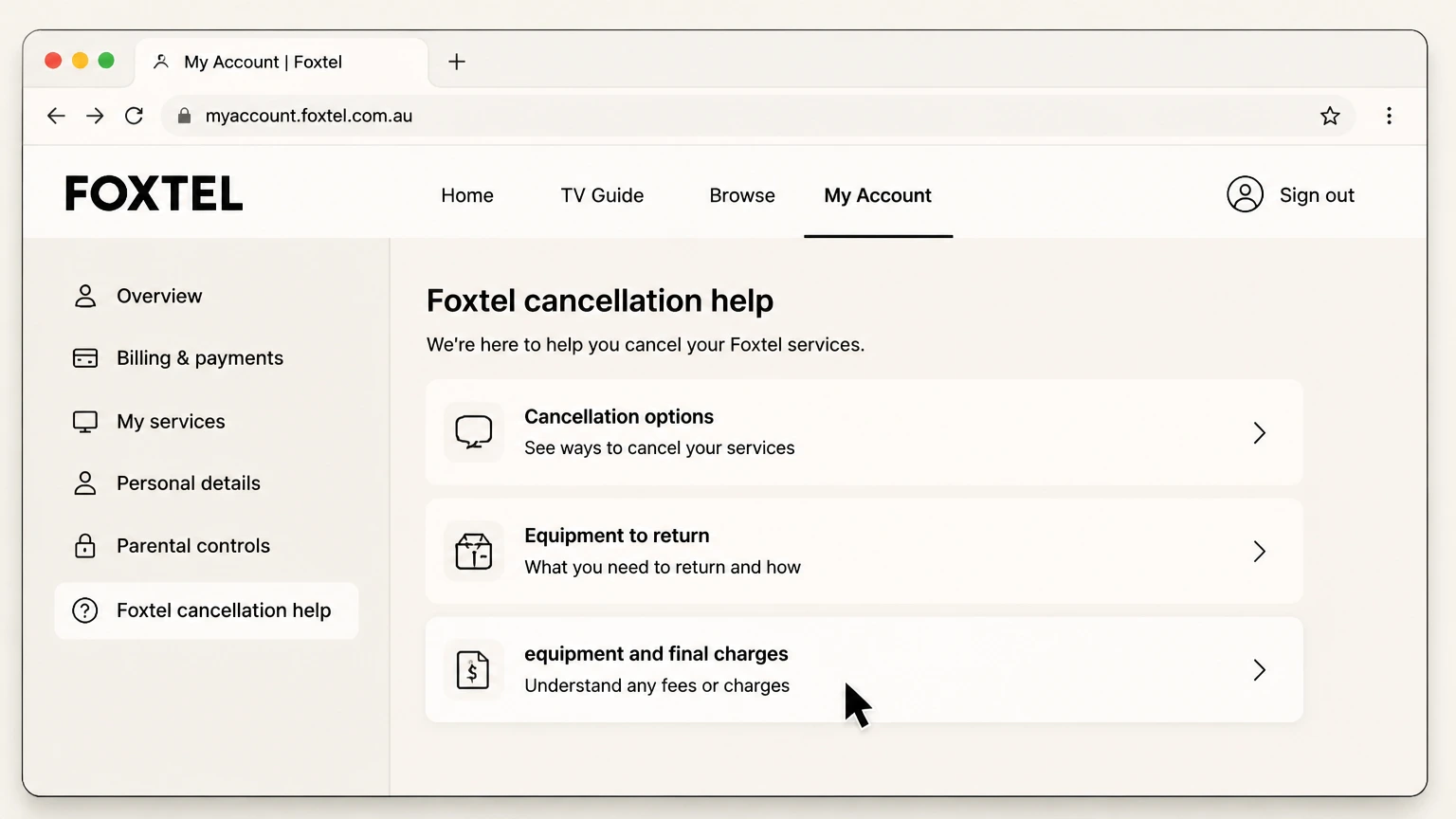 Foxtel web cancellation: Confirm equipment and final charges